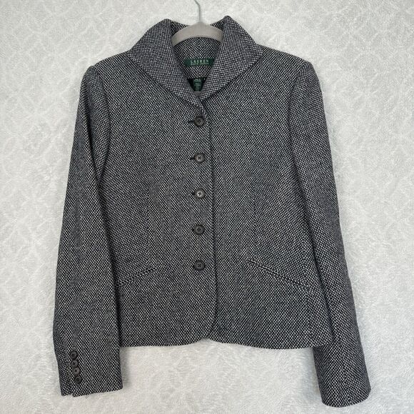 LRL Ralph Lauren Tweed Blazer Jacket Womens 6 Navy White Houndstooth Virgin Wool - Picture 1 of 15